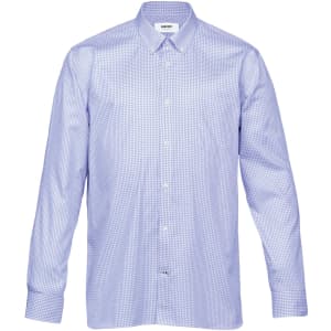 A blue and white checkered button-up shirt with long sleeves and a collar, featuring a small logo.