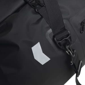 A black duffle bag with a textured surface and adjustable straps, featuring a small logo.