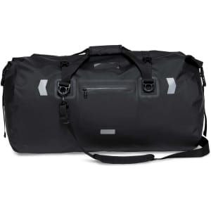 A black waterproof duffle bag with multiple handles, zippers, and a shoulder strap. It features a logo on the side.