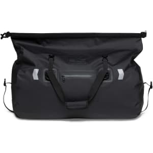 A large black duffle bag with a zippered compartment and carrying straps, featuring a branding logo.