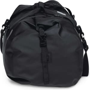 A black waterproof duffle bag featuring a roll-top design and adjustable shoulder strap, with a logo visible.
