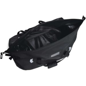 A black duffle bag with multiple straps and a large, open interior. It features a logo on the side.