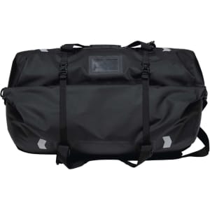 A black duffle bag with reflective accents and adjustable straps. It includes a logo and a sturdy design.