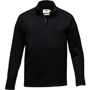 A black Merino wool pullover shirt with a zippered collar. It features a brand logo on the label.