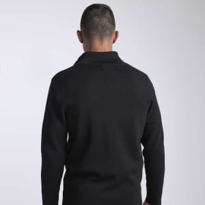 A black men's shirt with a high collar and long sleeves, featuring a logo on the back.