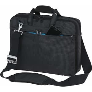 A black laptop bag with a shoulder strap, featuring multiple pockets and a logo on the front.