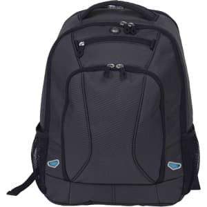 A grey backpack with black accents, featuring multiple compartments and a side mesh pocket. It has a logo on it.