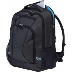 A grey backpack with a sleek design, featuring padded compartments and a mesh side pocket. It has a logo on it.