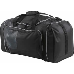 A black duffle bag with multiple compartments and a mesh pocket, featuring an attached handle and straps.
