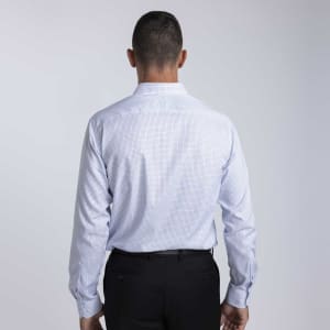 A men's button-up shirt in light blue check pattern, with a collar and long sleeves, featuring a logo.