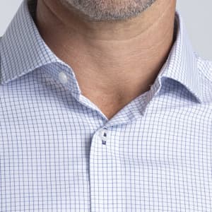 A blue and white check button-up shirt featuring a point collar and a logo on the chest.