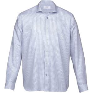 A button-up men's shirt in a blue and white check pattern, featuring a collar and long sleeves. It has a logo.