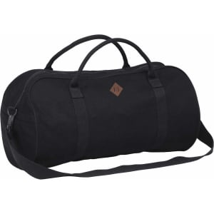 A black duffle bag with dual handles and a shoulder strap, featuring a small logo.