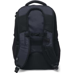 A black Metro-Lock backpack featuring padded shoulder straps and a mesh back for comfort. It has a logo on its surface.