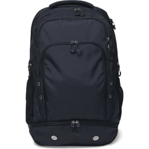 A dark navy backpack featuring multiple compartments and zippers, with a logo on the front.