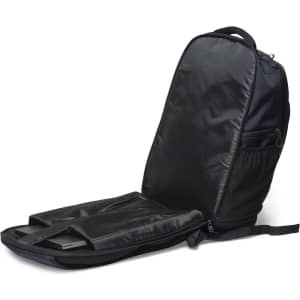 A navy backpack with a spacious interior and a flat, open design, featuring multiple compartments and a logo.