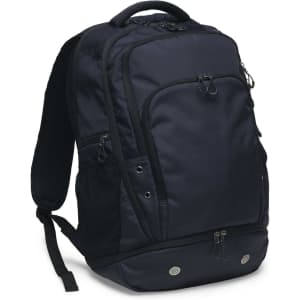 A navy blue backpack with multiple zippers and compartments, featuring a logo on the front.
