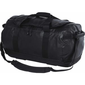A black duffle bag with strong handles and a detachable shoulder strap, featuring a logo on the side.