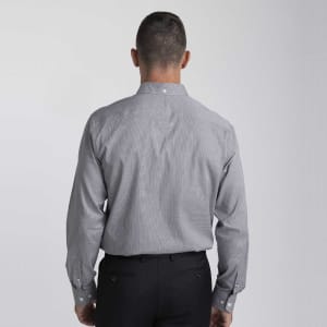 A men's button-up shirt in grey, featuring a collar and long sleeves. The back shows a button detail.