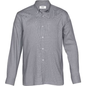A men's button-up shirt in a grey check pattern with long sleeves and a collar. Features a logo on the chest.