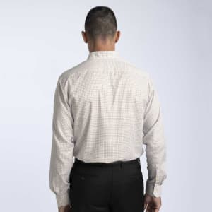 A men's button-up shirt in a check pattern, featuring long sleeves and a collar, viewed from the back.