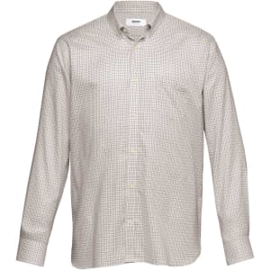 A button-up shirt in a check pattern with light beige and brown colours. Features a collar and long sleeves.