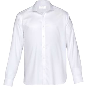 A white long-sleeved button-up shirt with a collar and a logo. Suitable for corporate wear.
