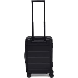 A black hardcase trolley with a retractable handle and wheels for easy transport. It features a logo.
