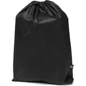 A black drawstring bag with a simple design, featuring a logo on one side.