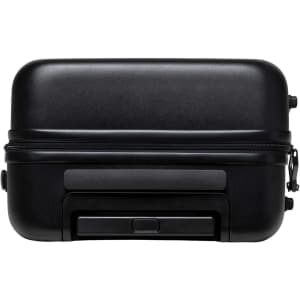 A black hardcase trolley with a zipper, featuring wheels and a retractable handle. It has a simple design and a logo.