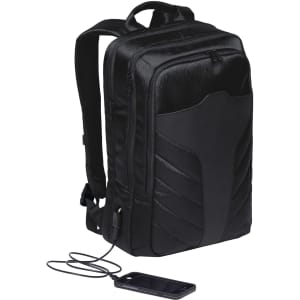 A black backpack with a sleek design, featuring a logo and a charging cable attached to a device.
