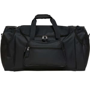 A black duffle bag featuring a front pocket and dual handles, with a zipper closure and a sleek design.