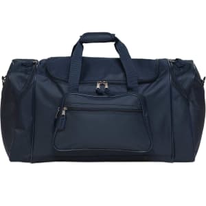 A navy blue duffle bag with a large main compartment, side pockets, and a front zippered pocket. It has a logo.