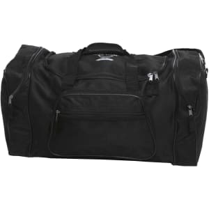 A black duffle bag with multiple zippered compartments and a textured mesh pocket. It features sturdy handles and a logo.