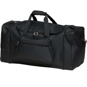 A black duffle bag with a front zipper pocket and dual handles for carrying. It features a logo on the side.