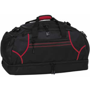 A black duffle bag with red accents, featuring multiple zippers and handles, and a logo on the surface.