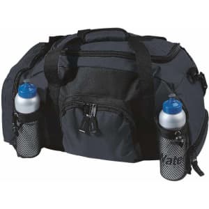 A black duffle bag featuring mesh pockets on each side with drink bottles secured inside.