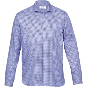 A men's button-up shirt featuring a purple and white check pattern, crafted from breathable fabric, with a collar and logo.