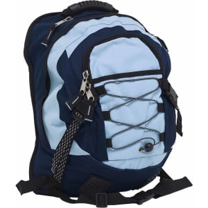 A blue and light blue backpack featuring zippers, adjustable straps, and a logo on the front.