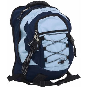 A blue and navy backpack featuring multiple compartments, adjustable straps, and a logo.