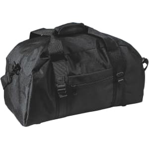 A black duffle bag with sturdy straps and a zippered pocket on the front, featuring a logo.