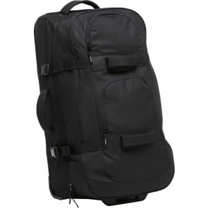 A black wheeled travel bag with multiple compartments and straps, featuring a branding logo.
