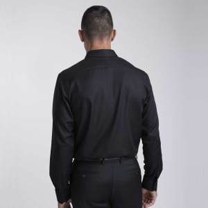 A black button-up shirt for men, featuring a tailored fit and a logo on the back.
