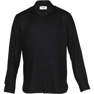 A black button-up shirt with long sleeves, featuring a collar and a branded tag.