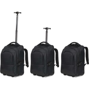 A black trolley backpack with adjustable straps and a retractable handle, displayed in three different positions.