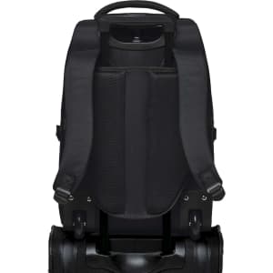 A black trolley backpack featuring padded shoulder straps and a wheeled base for easy transport.