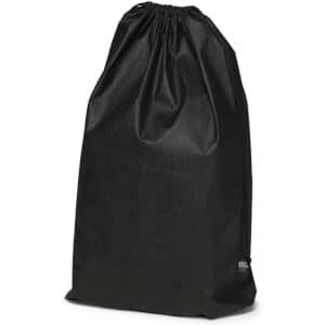 A black drawstring backpack with a smooth texture and a logo at the bottom corner.