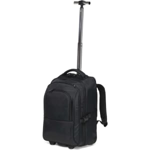 A black trolley backpack with wheels and an extendable handle, featuring shoulder straps and organisational pockets.