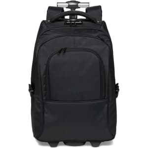 A black trolley backpack with a retractable handle and front zipped pocket, featuring wheels for easy transport.