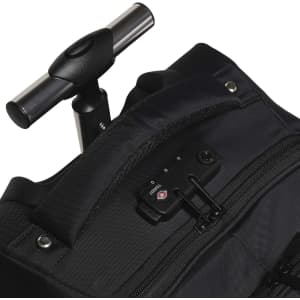 A black trolley backpack featuring a retractable handle and a zippered pocket with a logo.
